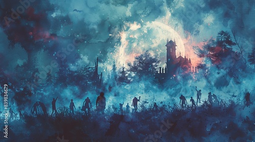 Dancing zombies in a watercolor graveyard with a spooky mansion and eerie moonlight watercolor style Isolated, white background surrounded Generative AI