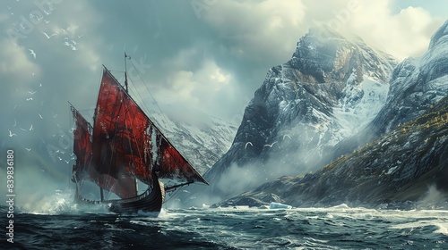 Artistic depiction of a Viking ship sailing, detailed design and historical accuracy, adventurous and bold