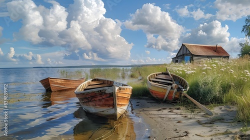 Russia Karelia Kizhi Island Boats on the shore of lake Onega