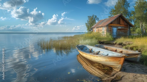 Russia Karelia Kizhi Island Boats on the shore of lake Onega