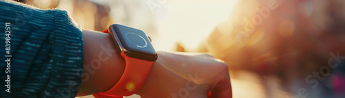 Wearable fitness trackers syncing with mobile app, bright daylight, close-up, health monitoring concept