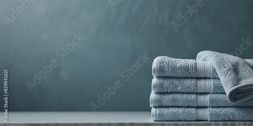 Blue pile bath towels laying copy space background
