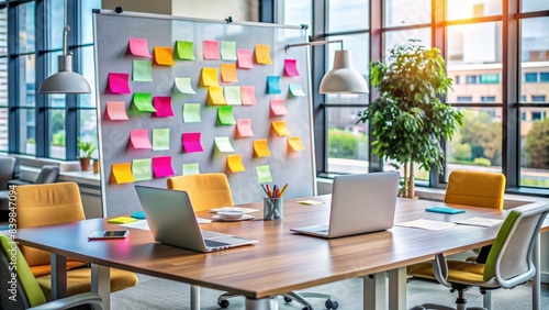 Colorful post-it notes and whiteboard filled with creative ideas surround a modern office table with laptops and empty chairs, symbolizing collaborative innovation.