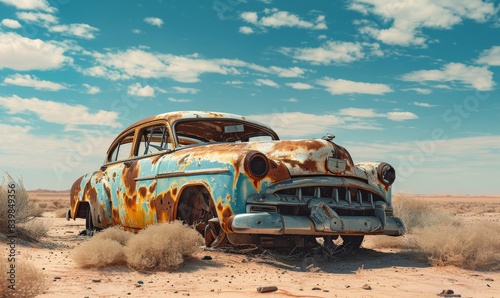 old classic wreck of retro vintage car left rusty ruined and damaged abandoned in the Sahara desert for aftermath apocalyptical and lost forgotten concepts as copyspace, Generative AI 