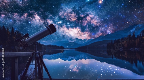 04060744 108 A telescope pointed towards a star-studded night sky sits on a balcony overlooking a serene lake reflecting the celestial display. --ar 16:9 Job ID: e94a03d2-1153-47fa-9e94-94ee08dd7ceb