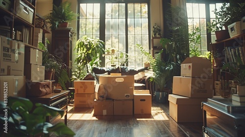 A sunlit room filled with moving boxes, surrounded by furniture and plants waiting to be moved in the background. The scene is captured from an eye-level perspective, showcasing the cluttered yet