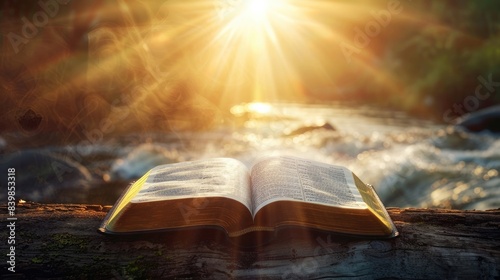 open bible in a serene background with the sunlight shinning on int