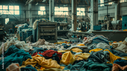 large pile of used fabric and textile scraps strewn on the floor, old sewing machines and production materials in the background, Ai generated Images