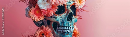 A skeleton is surrounded by flowers and is placed on a red background. Concept of life and beauty, as the skeleton is adorned with flowers and placed in a colorful setting