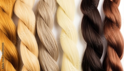 Collection of different colors of the same strand of hair on a white background, pattern, texture