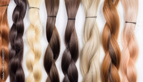 Collection of different colors of the same strand of hair on a white background, pattern, texture