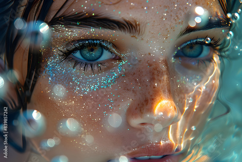 Girl with glitter makeup in the water. Micro plastic ocean pollution concept