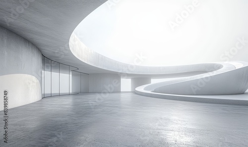 Empty abstract architecture building in minimal concrete design with open space floor courtyard white podium and curved walls museum plaza as wide display showroom mockup environment, Generative AI 