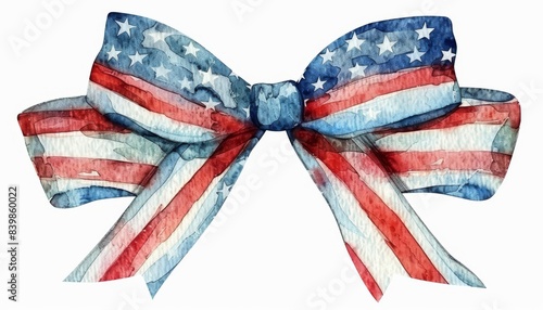 Watercolor realistic clipart of a red, white, and blue bow with an American flag pattern, featuring detailed textures on the ribbon