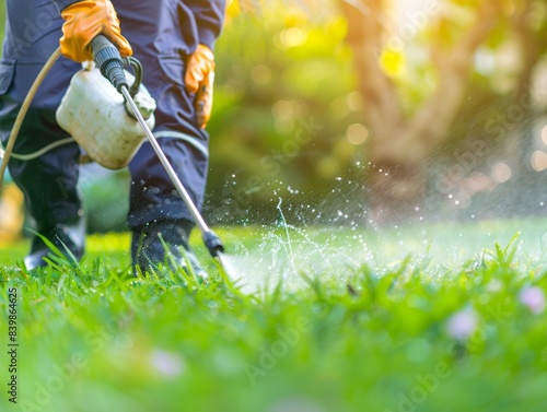 Worker spraying pesticide on a green lawn outdoors for pest control: A close-up view. Concept Pesticide Application, Pest Control, Green Lawn, Close-up Shot, Outdoors - ai