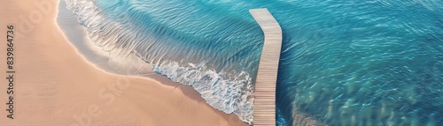 Overhead image of a calm beach with no people in sight. The boardwalk, made of light wood, runs adjacent to the ocean, casting shadows that create a pattern on the sand