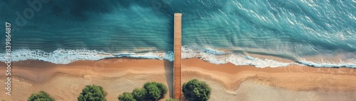 Overhead image of a calm beach with no people in sight. The boardwalk, made of light wood, runs adjacent to the ocean, casting shadows that create a pattern on the sand