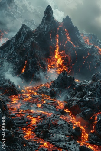 A volcano with lava spewing out of it. The volcano is surrounded by mountains and the sky is cloudy