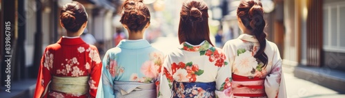 Women in traditional Japanese kimonos walk down a street. The women are wearing different colored kimonos, and they are walking in a line
