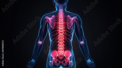 Illuminated human skeletal anatomy - A 3D render of a human skeleton with highlighted spine and pelvis emphasizing anatomy and health