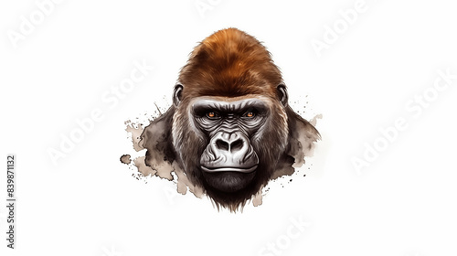 gorilla water color illustration portrait front view on white background