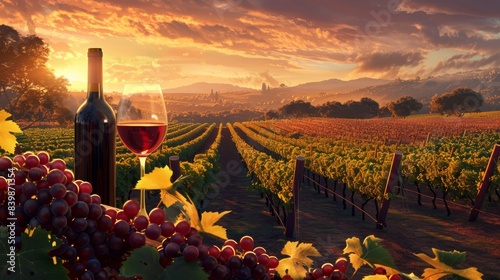 vineyard-themed wine promotion background with rows of grapevines and a wine bottle and glass in the foreground. 