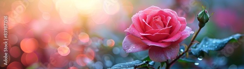 A red rose is the main focus of the image, with a blurry background and a pinkish-red hue. The rose is the center of attention