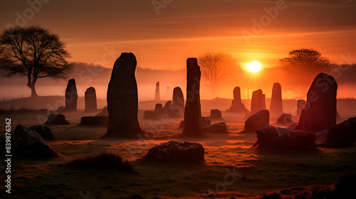 A serene sunset over a field with ancient stone circles, creating a mystical and captivating atmosphere.