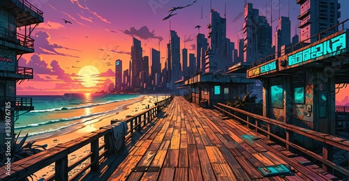 sci-fi boardwalk beach ocean sunset. cyberpunk lo fi city buildings by sea pier with waves of water on island shoreline urban tropical cityscape summer.