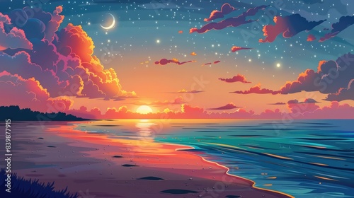 A captivating cartoon 2d illustration featuring a stunning ocean backdrop at sunset or sunrise set against the serene beauty of a beach landscape offering both evening and morning views