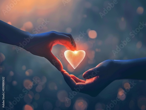 A heartfelt moment captured with two hands gently holding a glowing heart in a warm and serene ambiance, symbolizing love and kindness.