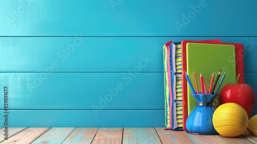 School books and school accessory on wooden table in front of empty blue chalkboard with copy space. 3D Rendering, 3D Illustration
