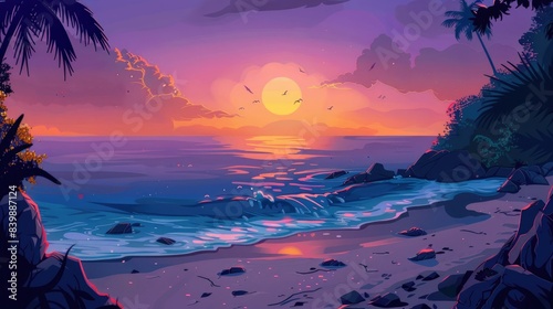 A captivating cartoon 2d illustration featuring a stunning ocean backdrop at sunset or sunrise set against the serene beauty of a beach landscape offering both evening and morning views