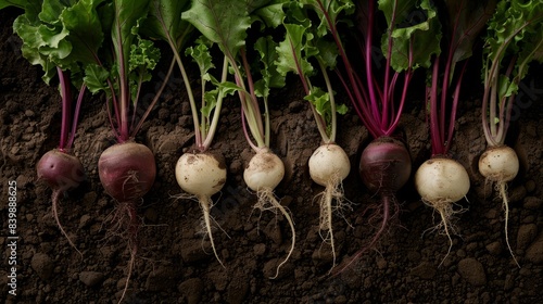purple beets and white turnips on top of dark soil generative ai