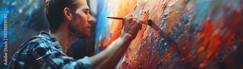 Passionate Meticulously Brushing Final Strokes on Vibrant Abstract Canvas
