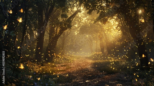 Enchanted forest with fireflies, golden light, and mysterious path