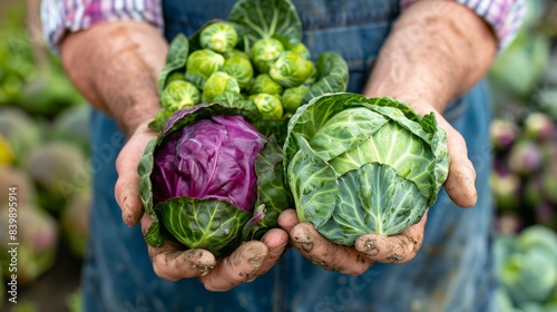 farmer holding green Brussels sprouts and a red cabbage generative ai
