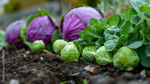 Green Brussels sprouts and a red cabbage on the ground generative ai