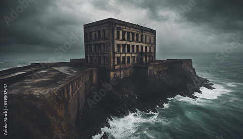 abandoned prison overlooking a stormy sea from a cliff