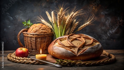 Wiccan Lammas Altar with Wheat Ears, Homemade Bread, and Apple for Lughnasadh. Perfect for: Lughnasadh celebrations, Wiccan rituals, pagan festivals, summer harvest events.