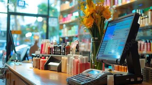 Front view of a windows desktop computer and cash register, on a desk inside a cosmetics and beauty store : Generative AI