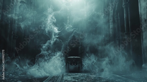 A dark room with a chair in the center and smoke coming out of it. The chair is surrounded by candles and there is a rug on the floor. Scene is eerie and mysterious
