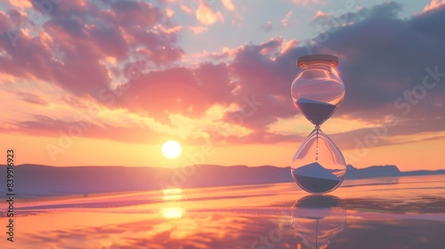 A wooden hourglass with sand in it is set on a beach at sunset. The sand is almost gone, and the hourglass is almost empty. Concept of time passing quickly