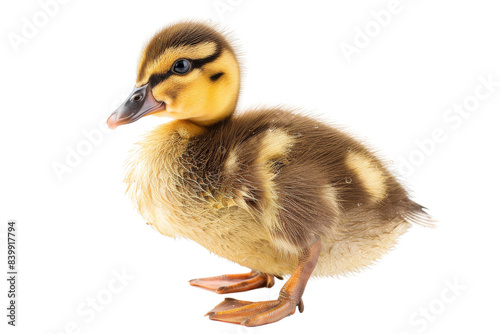 Cute duckling standing on white background, showcasing fluffy feathers and adorable expression. Perfect for animal and nature-themed designs.