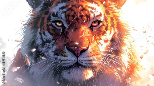 A delightful anime illustration of a majestic tiger, its striped fur rendered in vibrant colors against a pristine white background, Generative AI