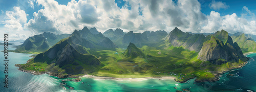 Aerial view of the beautiful Lofoten Islands in Norway, green grassy land and mountains, turquoise sea water with white sandy beaches