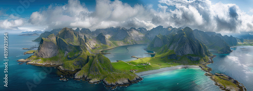 Aerial view of the beautiful Lofoten Islands in Norway, green grassy land and mountains, turquoise sea water with white sandy beaches