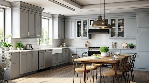 raised grey kitchen cabinets