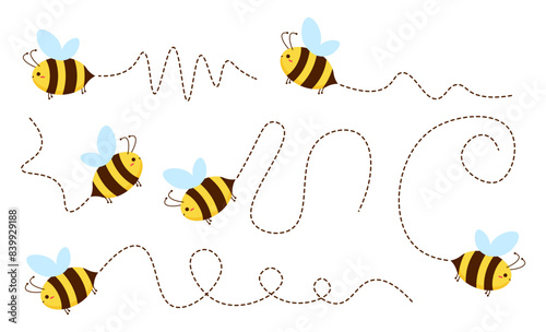 Cute bee with dash line flying route collection illustration isolated