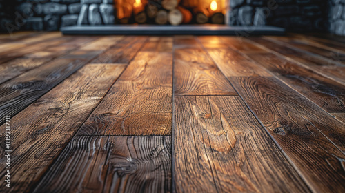 Close-up, natural wood floor in a room interior with a fireplace.